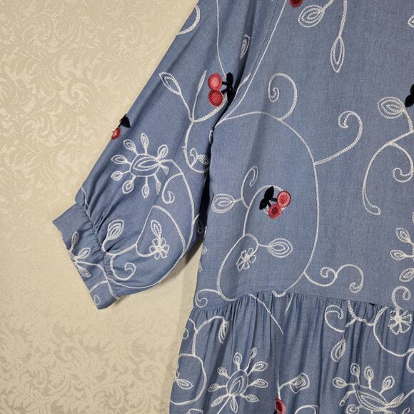 Ana Rose Babydoll Peasant Top sz 2X Blue Embroidered Flounced Ruffle Hem Boho - Picture 4 of 13